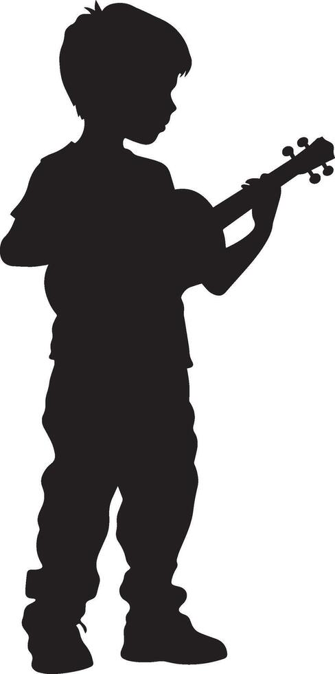 Black of a kid hunched over a notebook with a pencil. vector