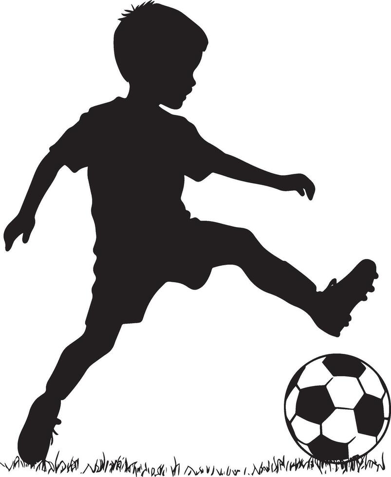 Soccer Kick Action Silhouette A black image of a child in mid-air, balancing with arms outstretched during a kick. vector