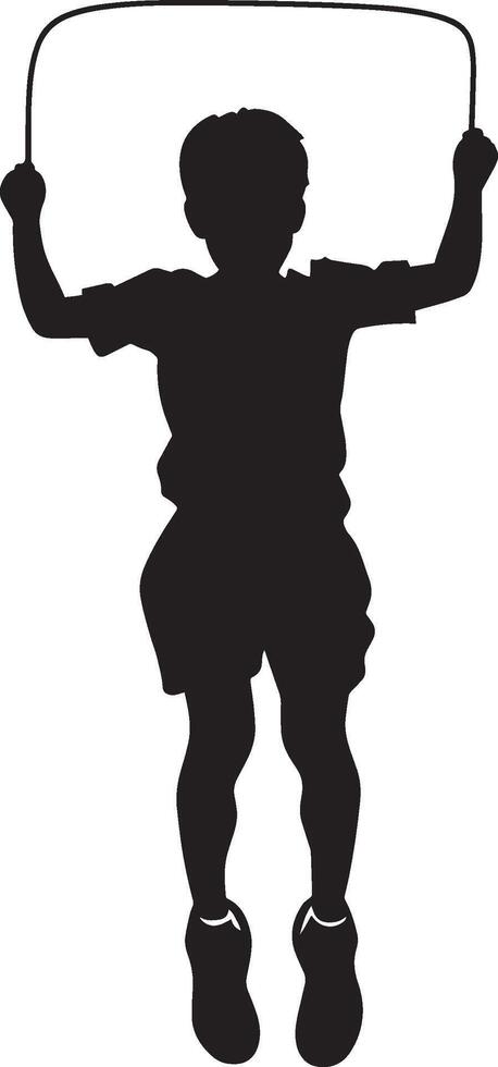 Child Playing with Jump Rope Silhouette Full-length silhouette of a kid mid-air, holding a rope in motion. vector