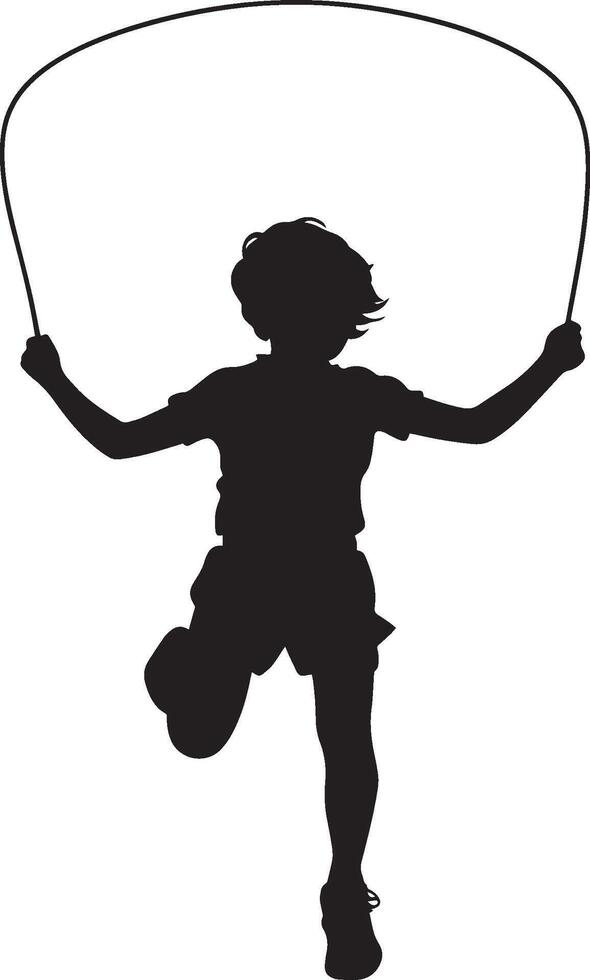 Silhouette of a Child Jumping Rope Full-length black illustration of a kid holding a rope, mid-jump with knees bent. vector