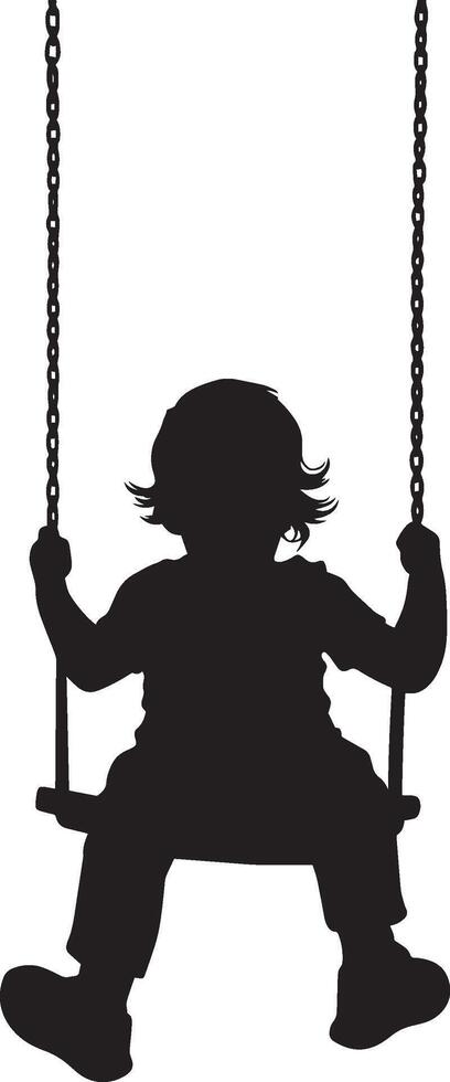Kid on a Swing Silhouette A black image of a child in motion, holding onto the swings ropes. vector