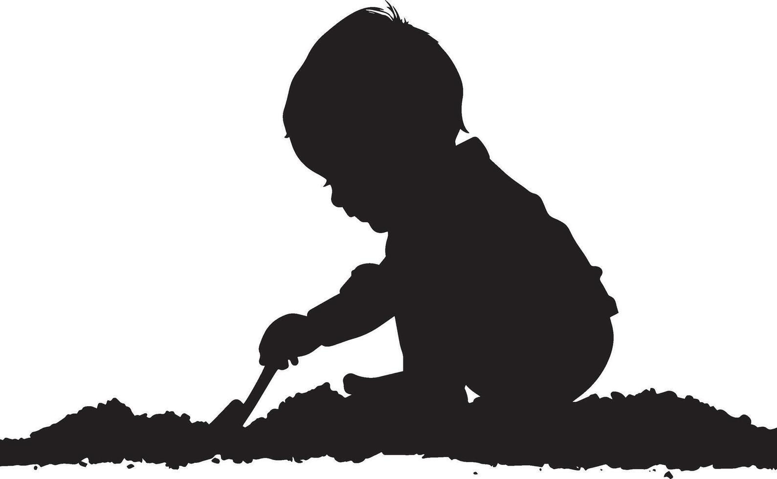 Baby Playing in Sand Silhouette A baby with a tiny shovel or hands digging into the ground. full length silhouette black illustration vector