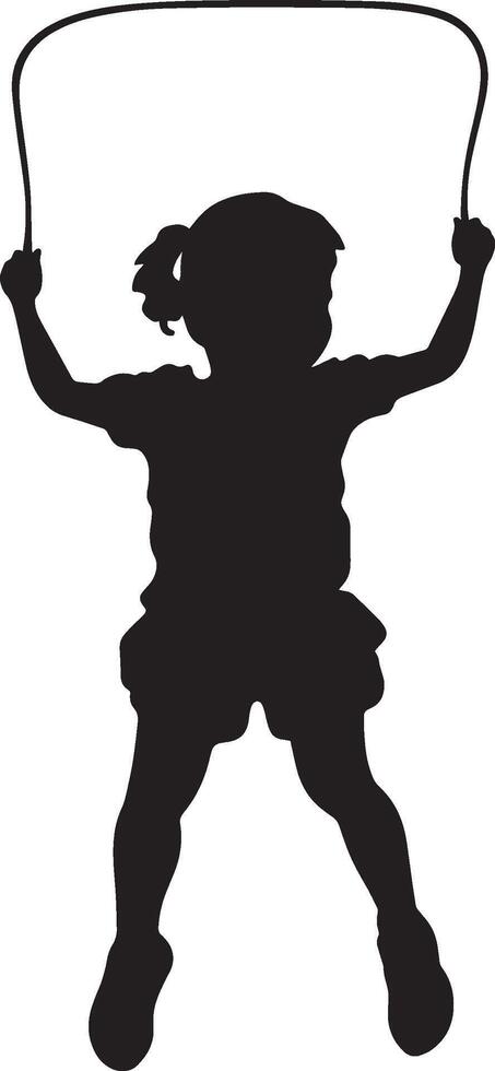 Kid Skipping Rope Silhouette A black image of a child swinging a jump rope, feet off the ground. vector