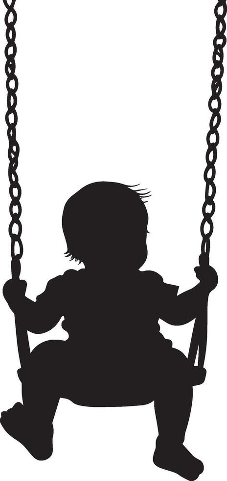 Baby in a Swing Silhouette A black image of a baby holding onto the sides of a swing, feet hanging down. vector
