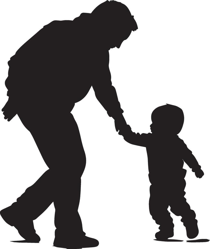 Silhouette of a Baby Taking First Steps Full-length black illustration of a baby wobbling forward, supported gently by a parent. vector