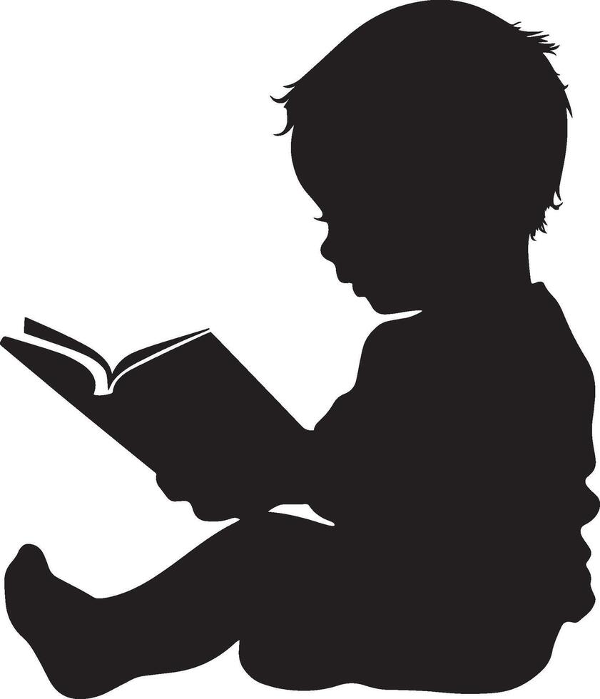 Baby Reading a Book Silhouette A black image of a baby sitting, looking down at an open book while holding it. vector