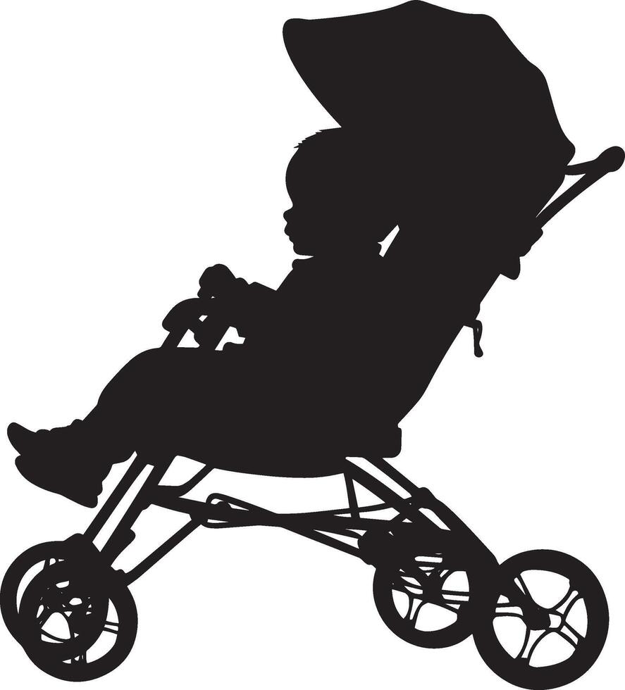 Silhouette of a Baby in a Stroller Full-length black illustration of a seated baby in a carriage, looking around. vector