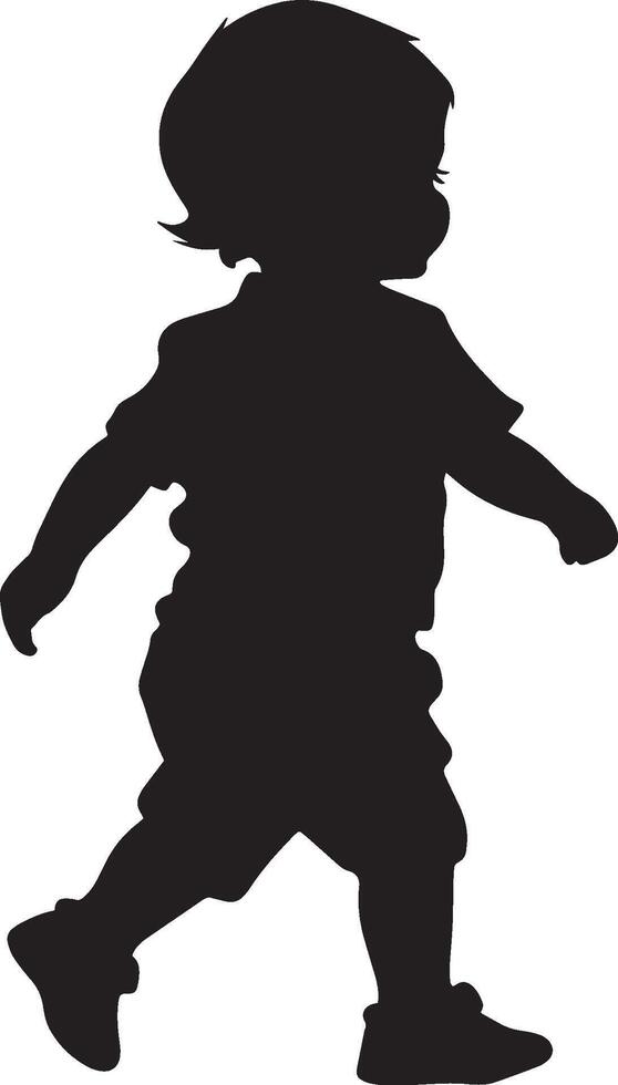 Toddler Taking First Steps Silhouette A black image of a baby walking with arms lifted and one foot stepping forward. vector