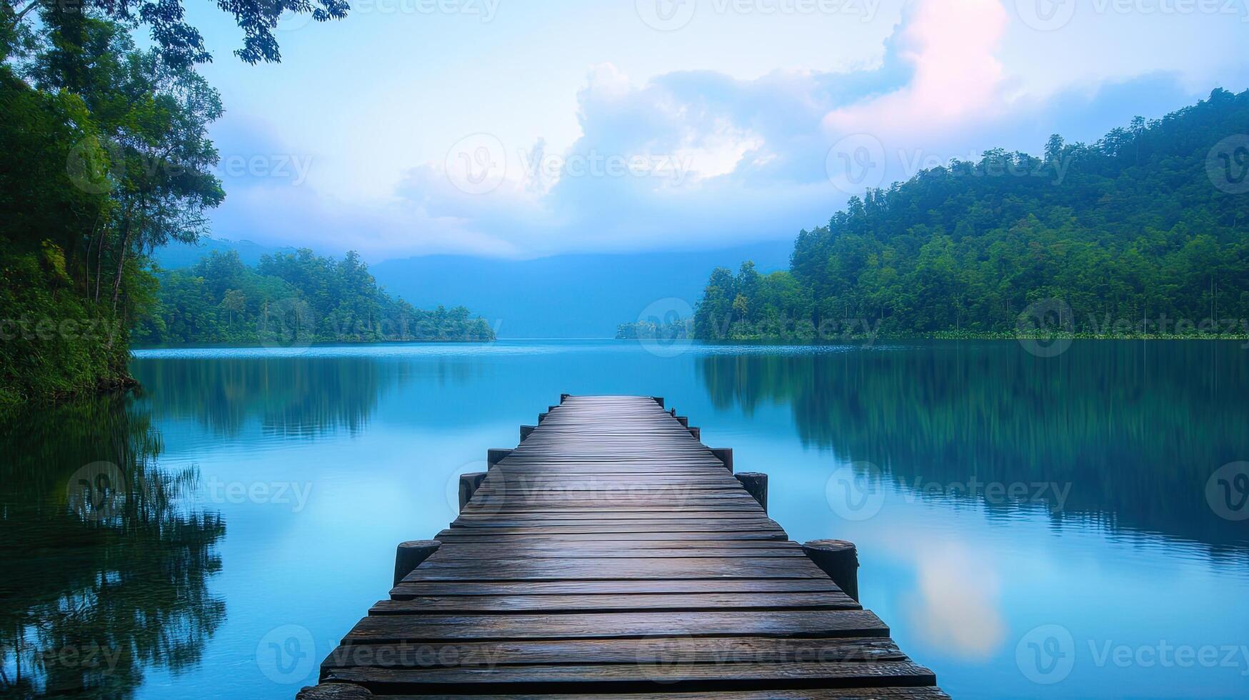 Wooden Pier Extends into the Still Turquoise Waters of a Lake Surrounded by Lush Green Forest Under a Blue Cloudy Sky photo