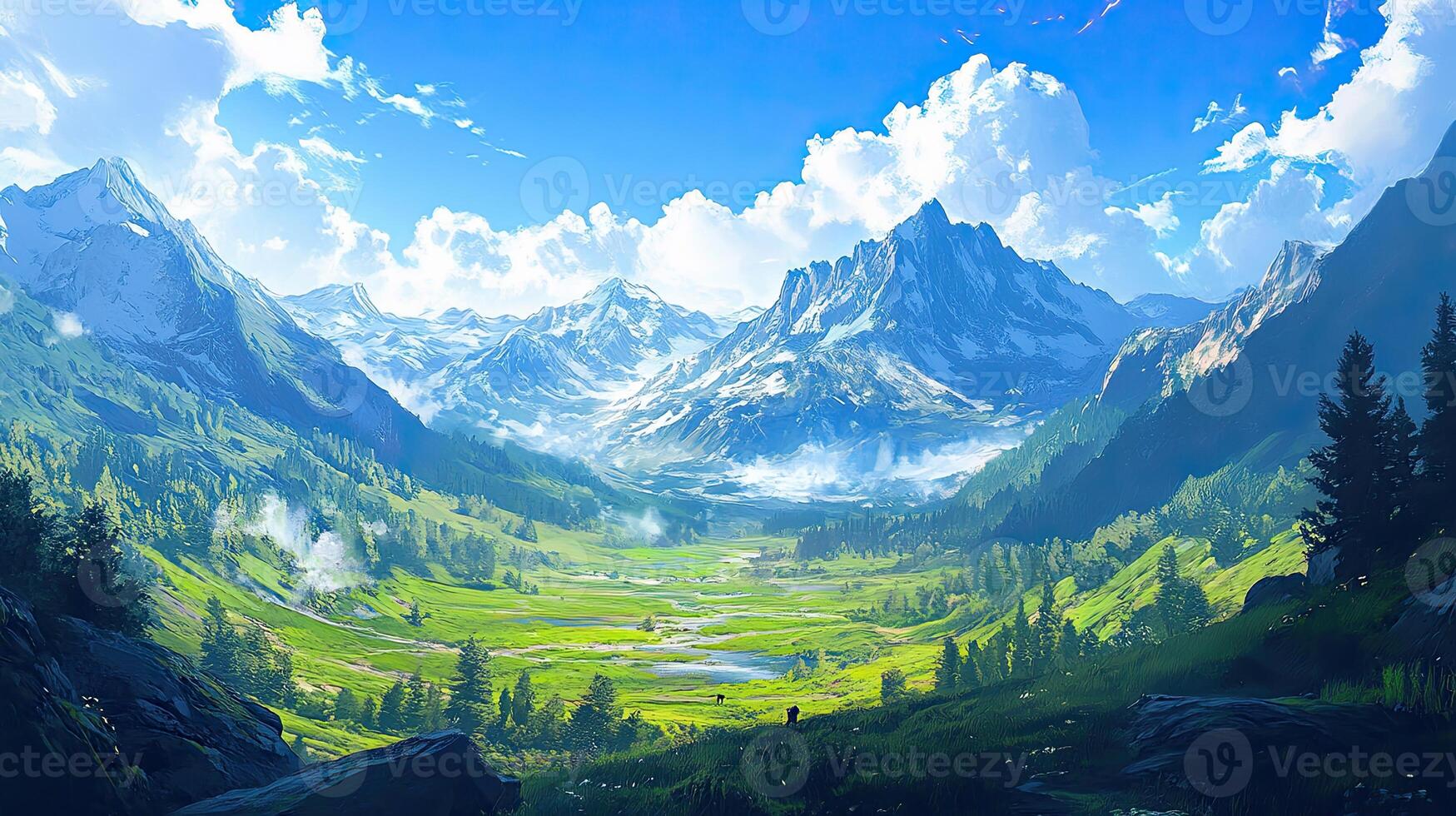 Vibrant Mountain Valley Vista with Blue Sky and Lush Greenery Under Bright Sunlight photo