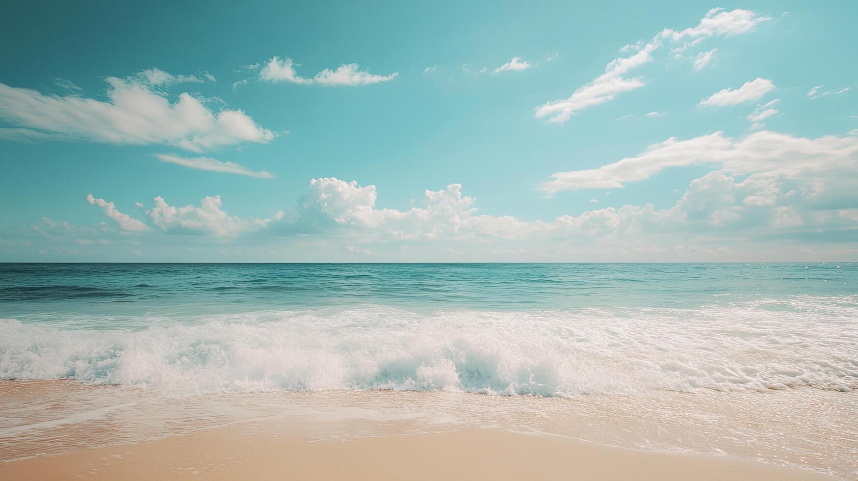 Azure Ocean Waves on Golden Sandy Beach Under a Bright Blue Sky with White Clouds photo