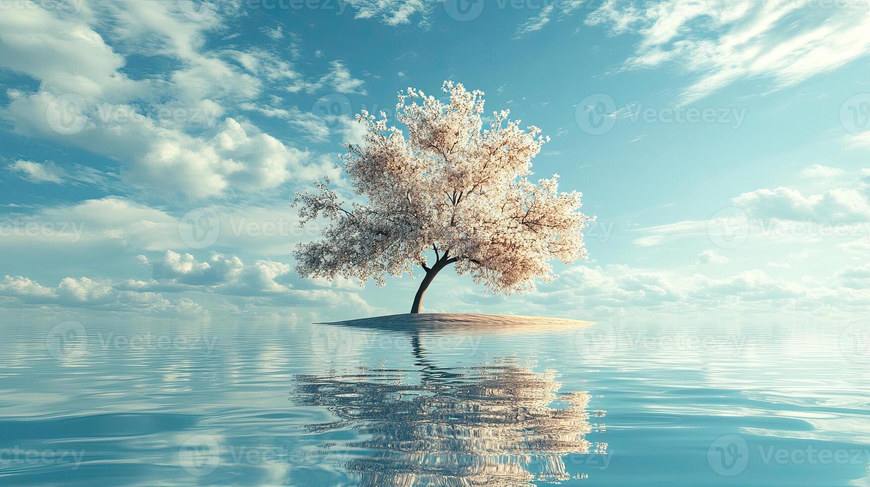 Solitary Tree Blooming on Small Island Reflecting in Calm Water Under a Cloudy Blue Sky photo