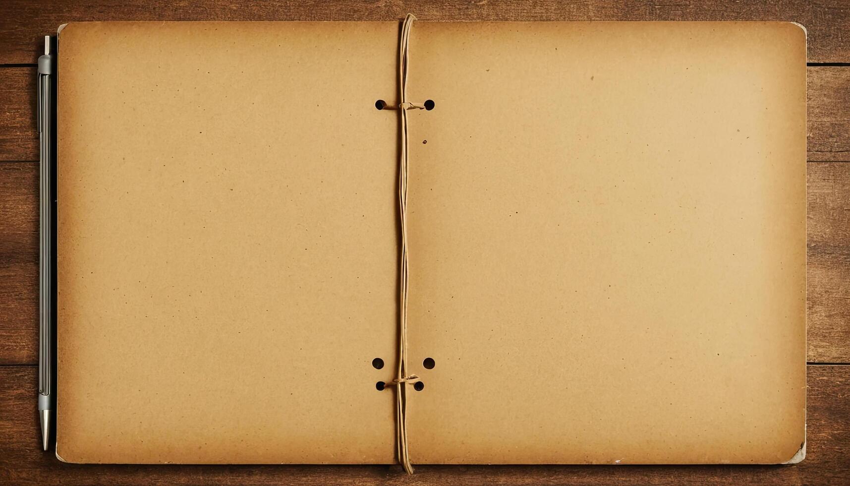 Open Vintage Brown Kraft Paper Notebook on Rustic Wood Background Top View photo