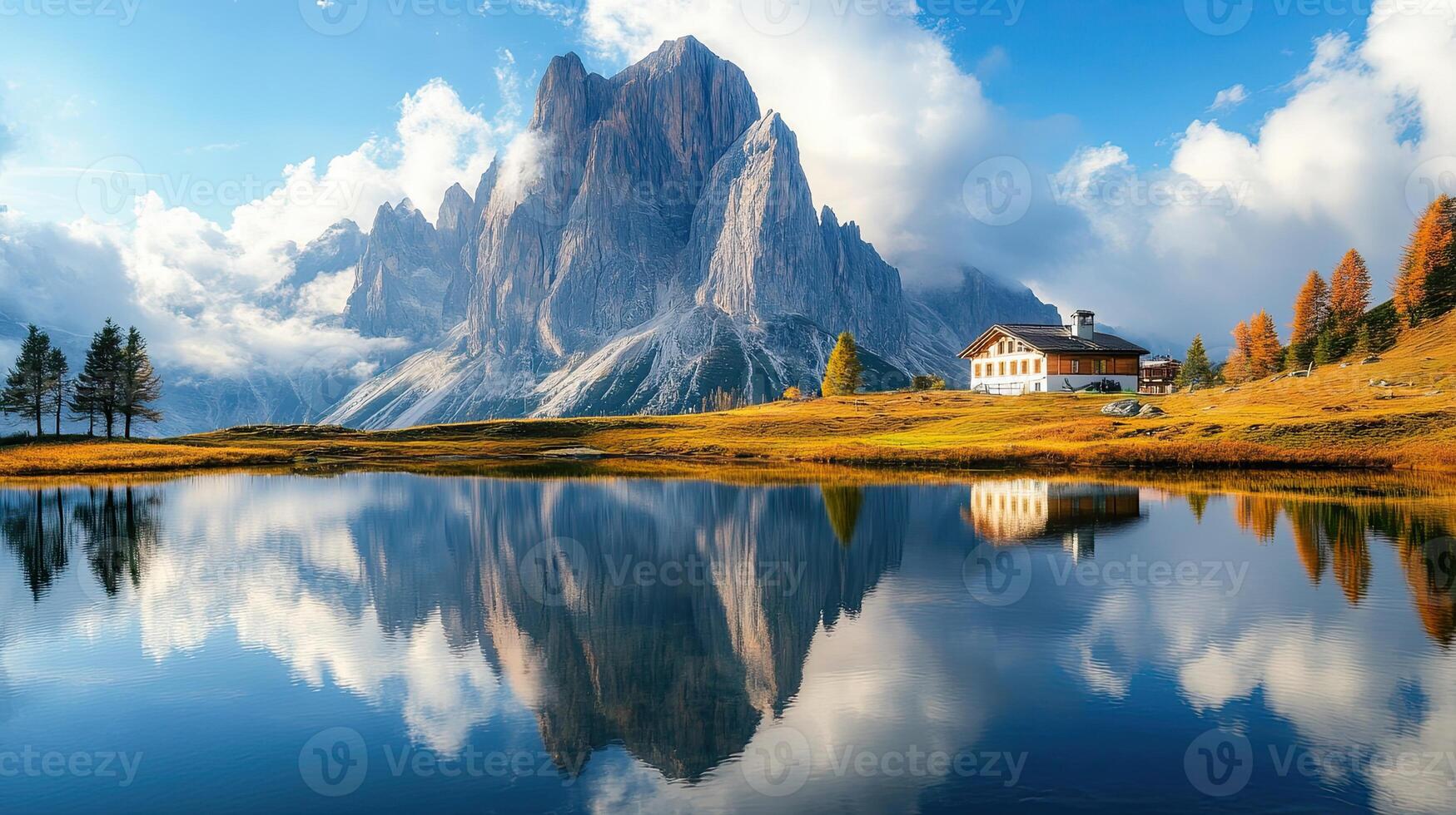 Scenic Mountain Landscape with Lake Reflection and Dramatic Sky in Dolomites Italy photo
