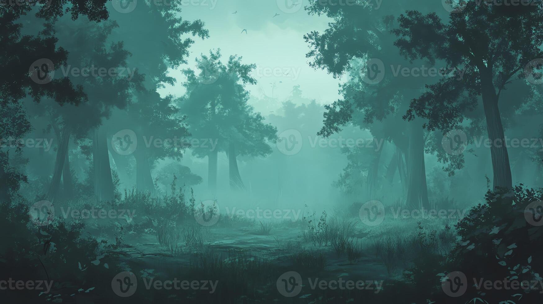 Enchanted Teal Forest Path Digital Pixel Art of a Mysterious Foggy Woodland photo