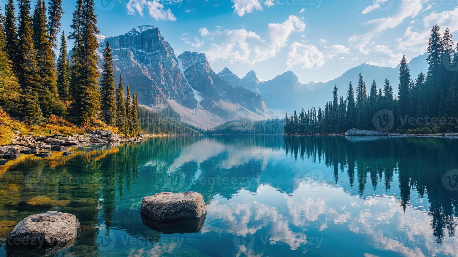 Vibrant Lake Reflection of Towering Mountains Surrounded by Evergreen Forest Under a Bright Blue Sky photo