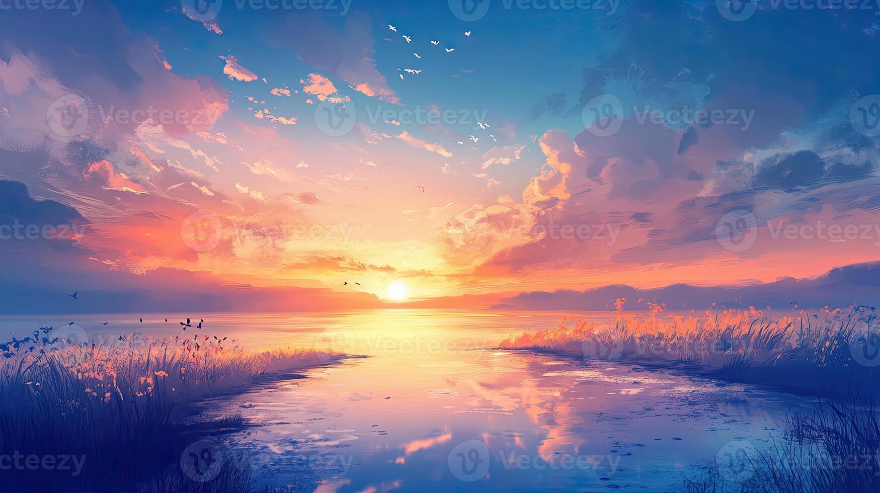 Vibrant Sunset Over Calm Waters with Colorful Clouds and Reflections in Ocean with Coastline Scenic View photo