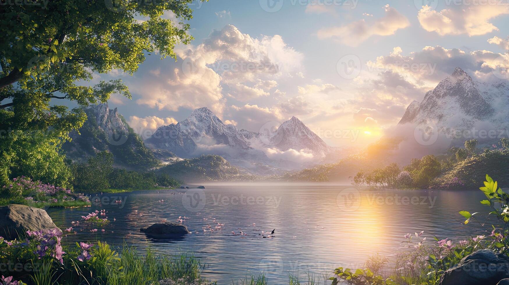 Scenic Lake Surrounded by Mountains with Dramatic Sunset and Reflective Water Surface in Golden Light photo