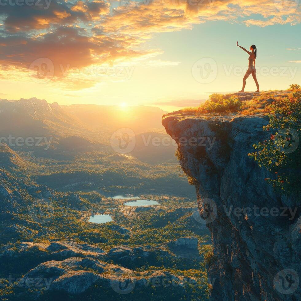 A woman standing on a cliff with her arms outstretched photo