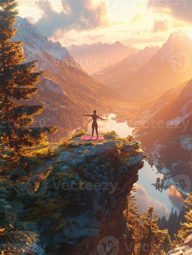 A man standing on top of a mountain overlooking a lake and mountains photo