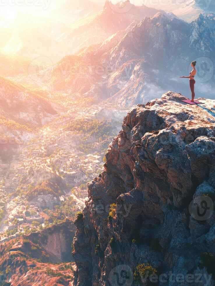 A woman standing on top of a mountain with the sun setting behind her photo