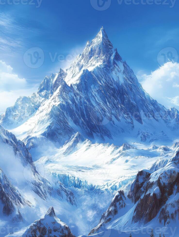 Snow-capped mountain peak under a bright blue sky photo