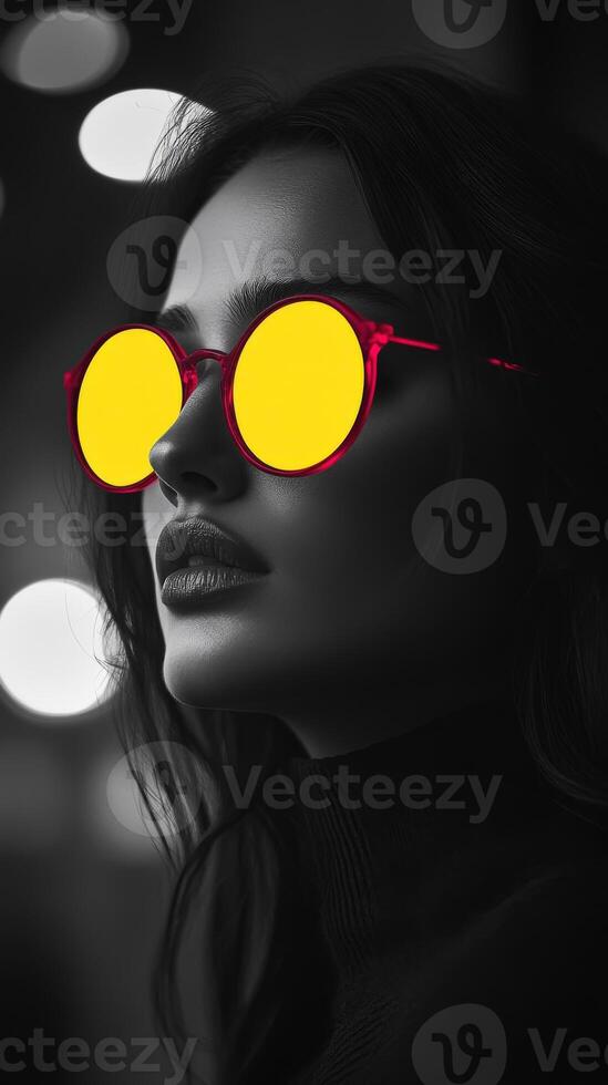 Woman in stylish sunglasses poses against a blurred background photo