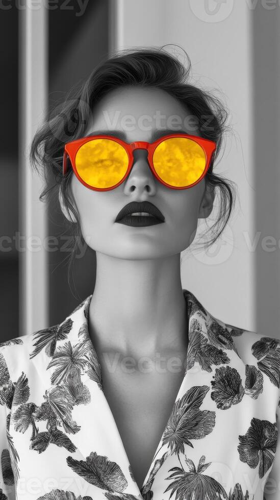 Fashionable woman wearing bold sunglasses indoors photo