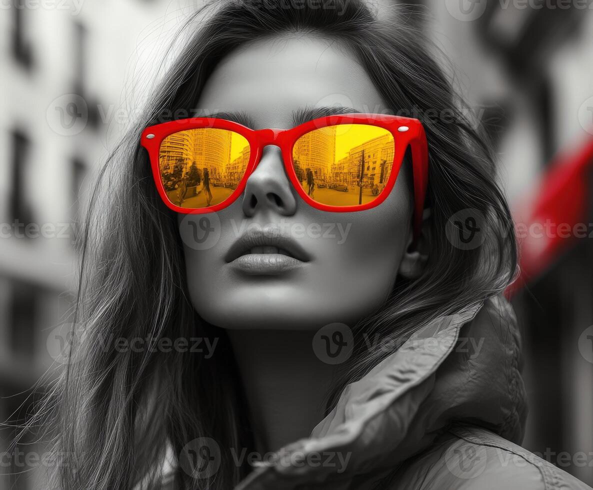 Stylish woman posing with reflective sunglasses in city photo