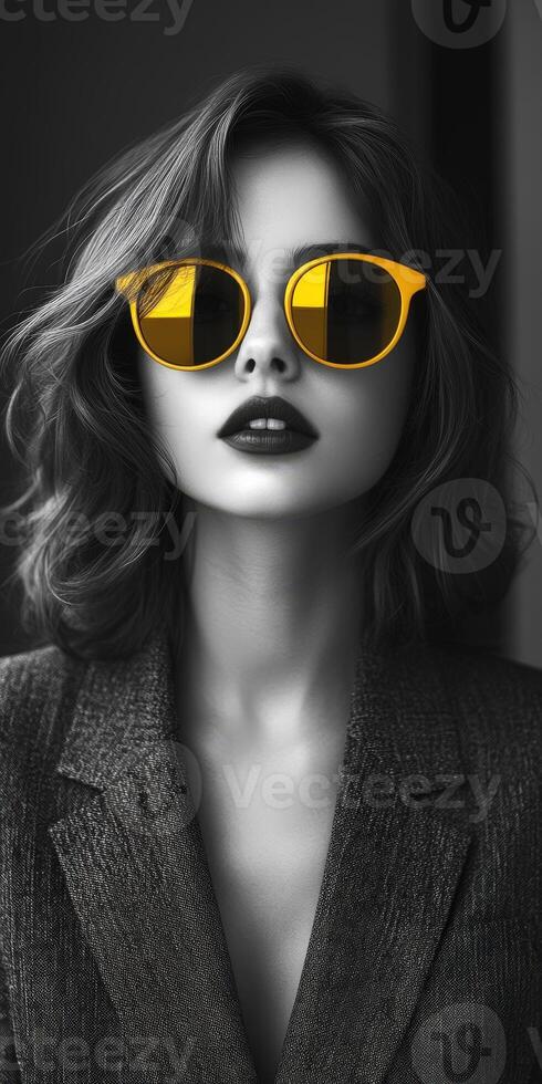 Stylish woman wearing yellow sunglasses in monochrome setting photo