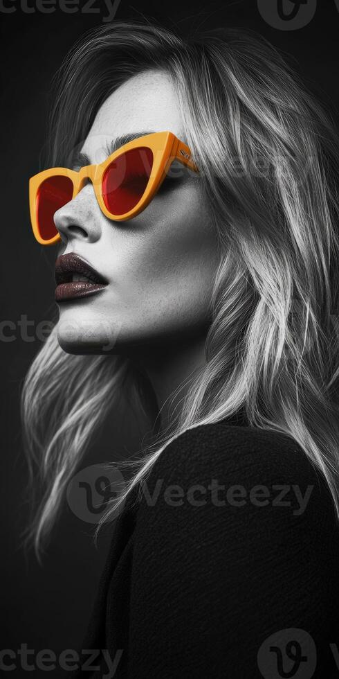 Stylish woman wearing vibrant sunglasses in monochrome photo