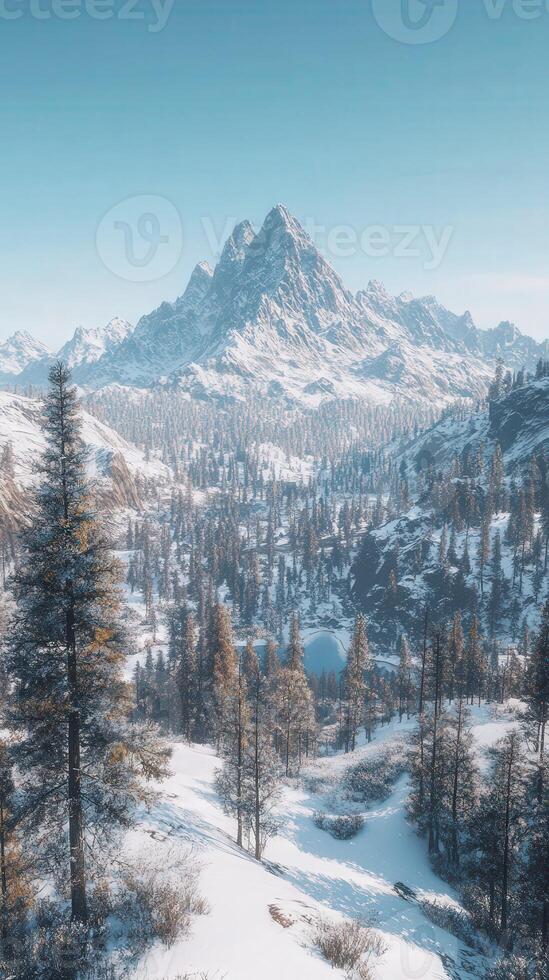Snow-covered mountains and pine trees under blue sky photo