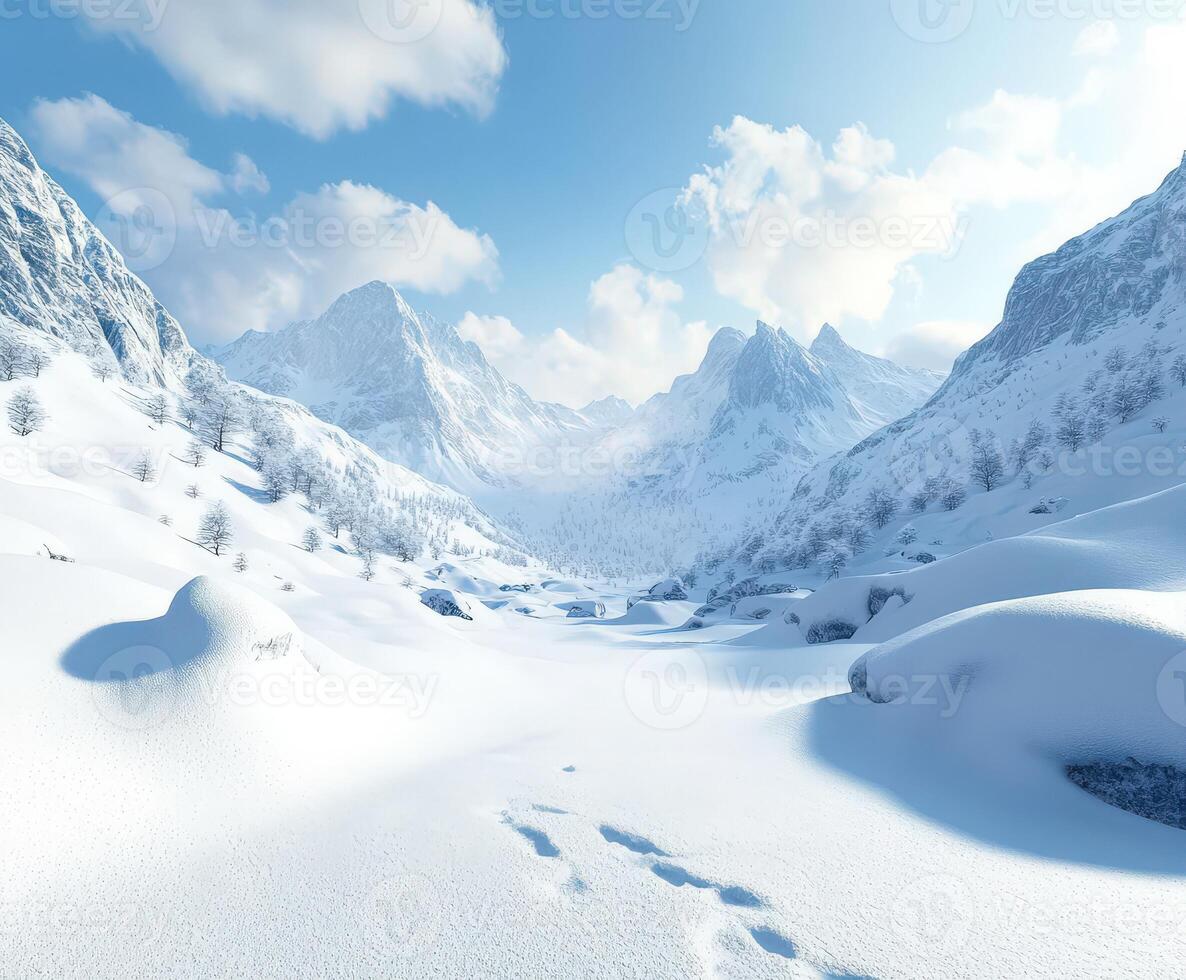 Snow-covered valley surrounded by mountains on a clear day photo
