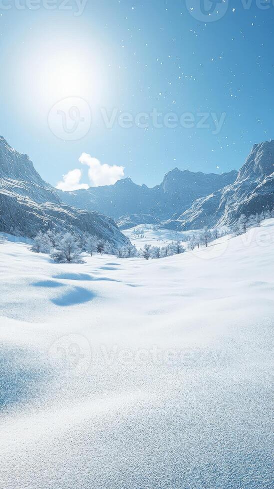 Snow-covered valley under a bright sun in winter photo