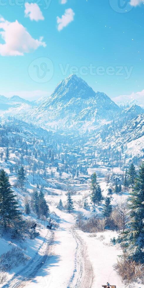 Snowy mountain landscape with clear blue skies in winter photo