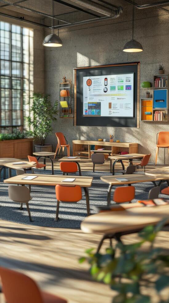 Modern classroom setting with interactive technology and seating photo