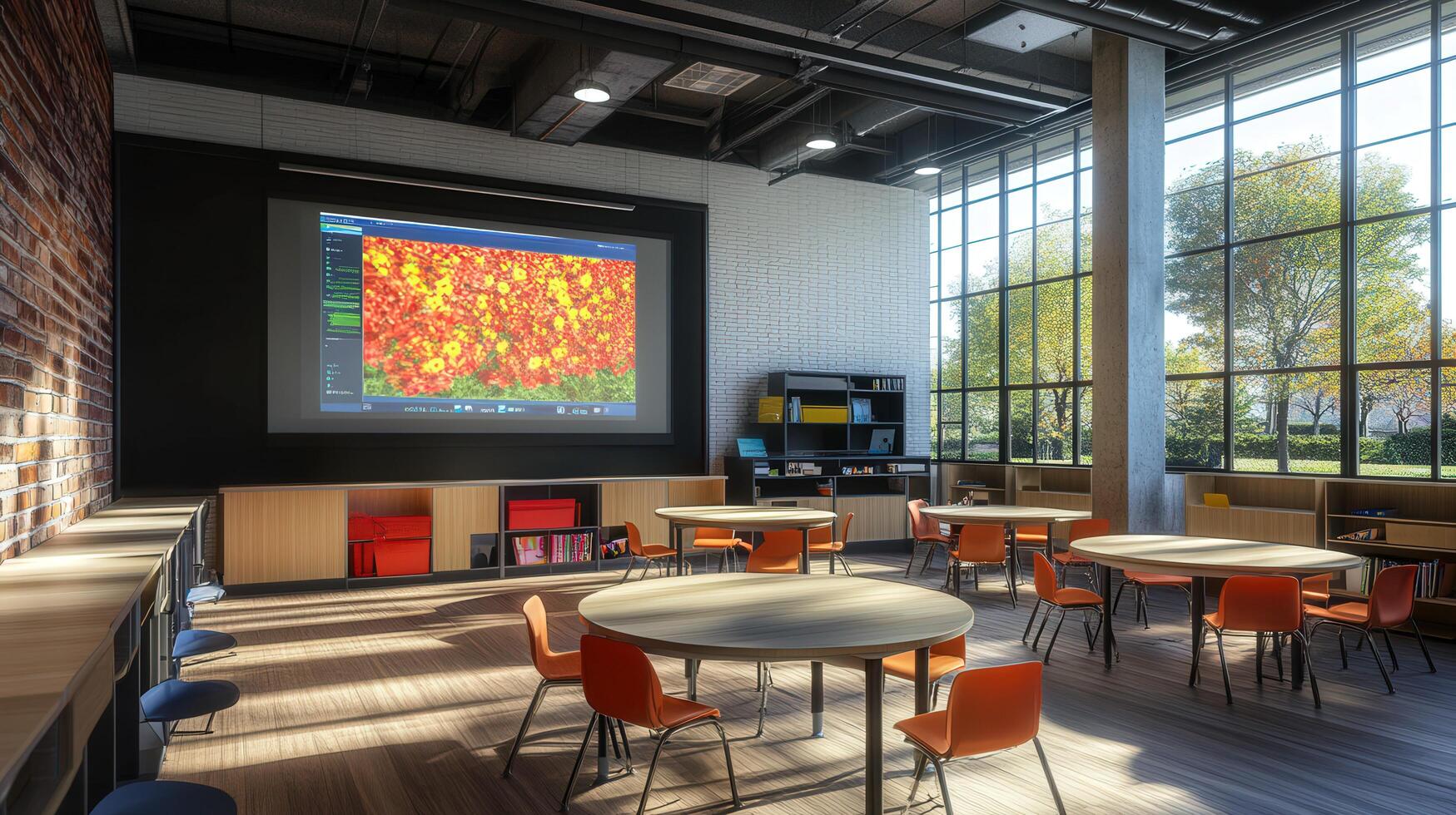 Bright classroom with modern design and interactive display photo