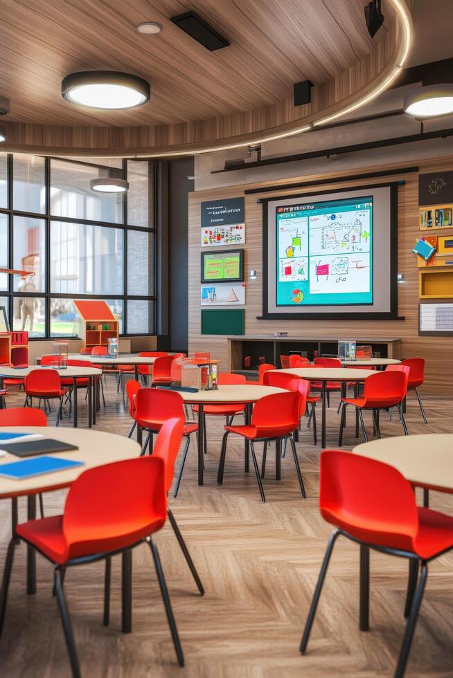 Modern classroom featuring red chairs and interactive board photo
