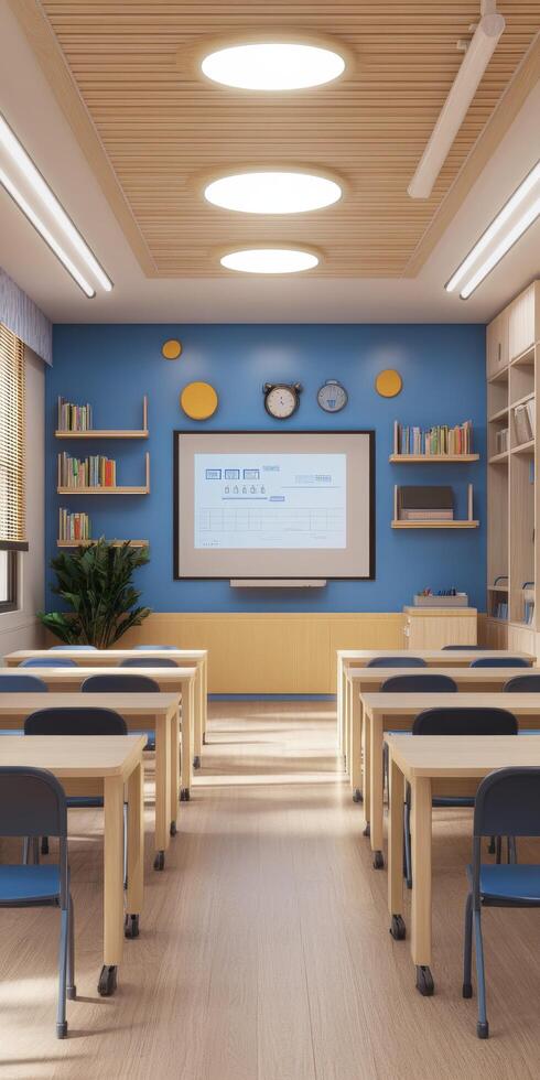 Modern classroom setup with interactive board and resources photo