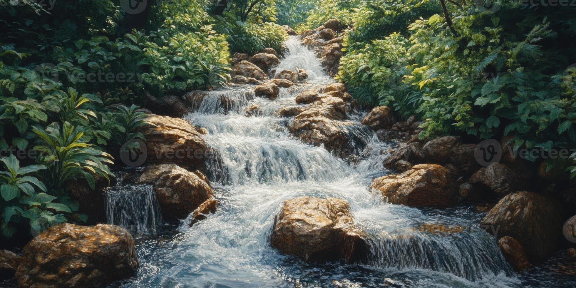 Serene stream cascading over rocks in lush forest setting photo