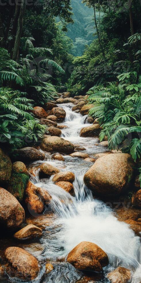 Flowing stream through lush forest with rocky banks in nature photo