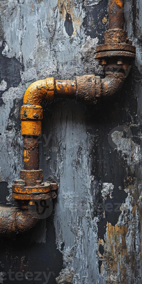 Leak pipe seen on a weathered wall with peeling paint photo