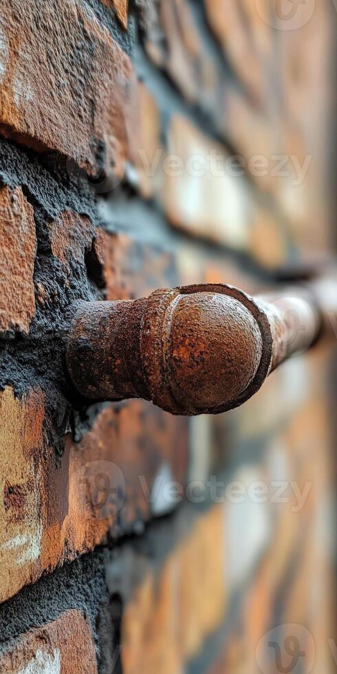 Pipe leak on an old brick wall in a dimly lit area photo