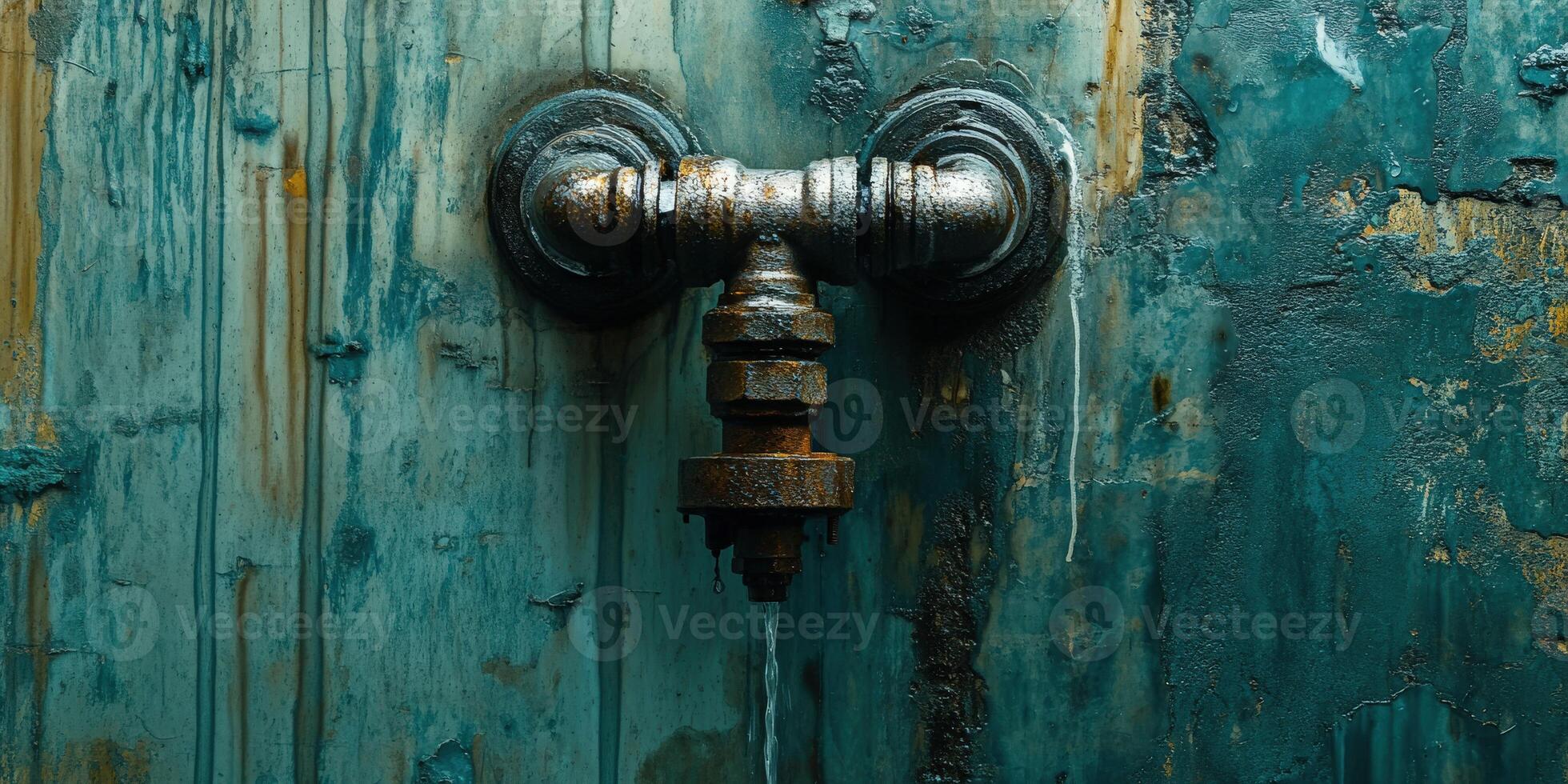 Leak pipe with rust and discoloration on distressed wall photo