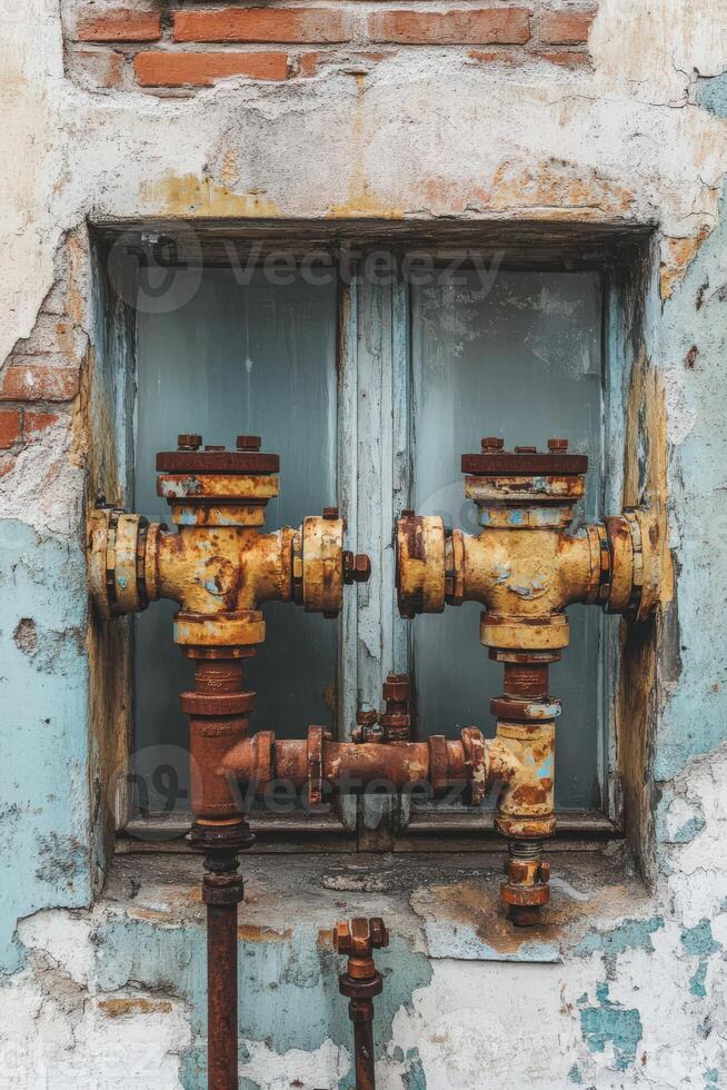 Leak pipe system on an aging building wall with rust photo