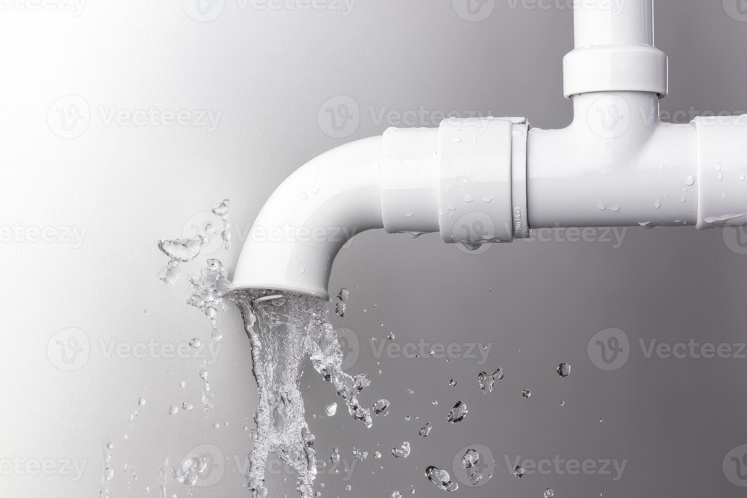 Leak pipe releasing water in indoor setting with grey background photo