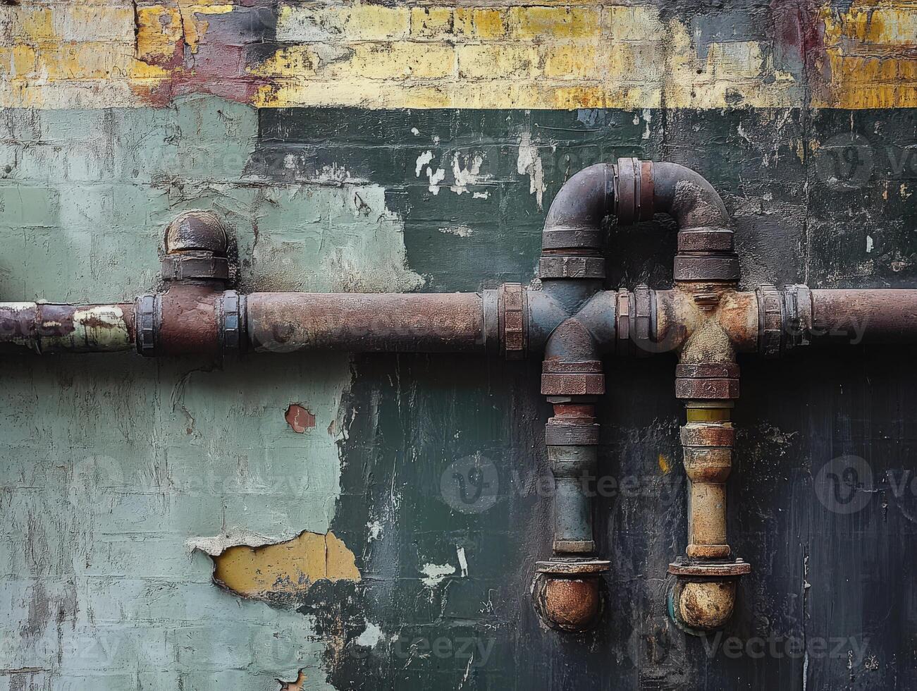 Leak pipe on a weathered wall showing rust and decay photo