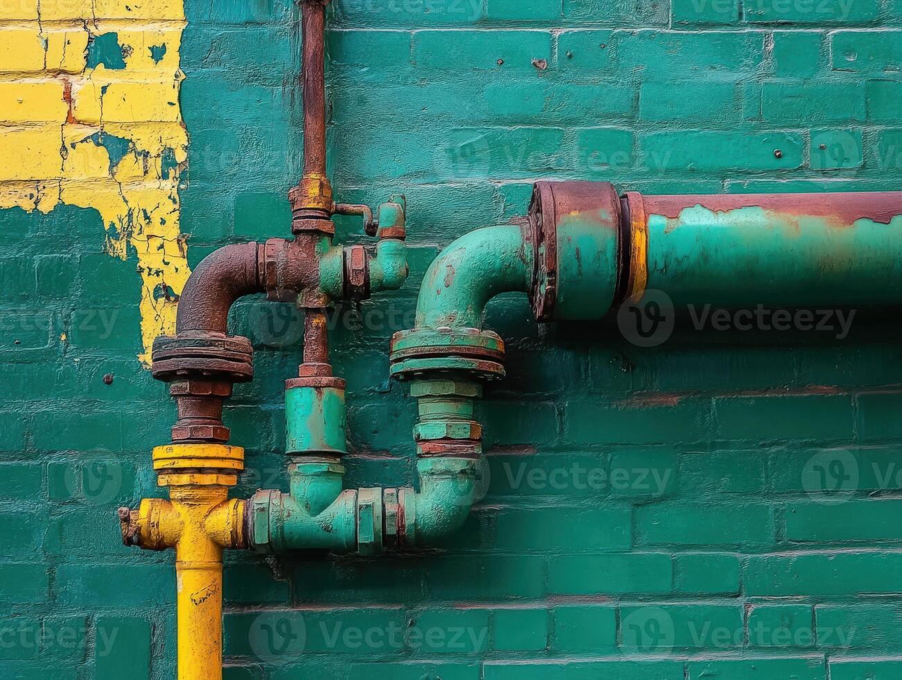 Leak detected in rusty pipe system on vivid green wall photo