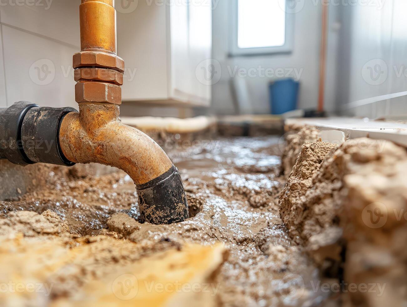 Water pooling around a leaking pipe in a residential area photo