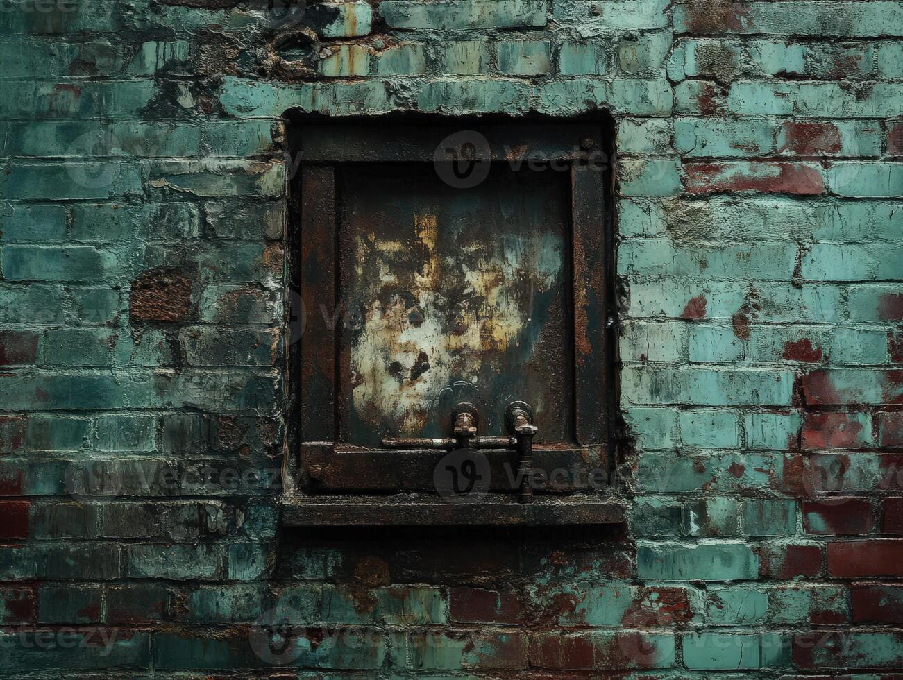 Leak pipe surrounded by weathered brick wall texture photo